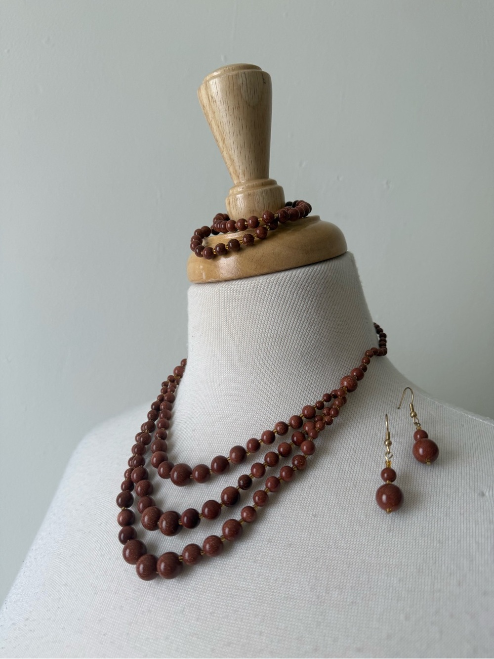 Vintage Goldstone Bead Jewelry Set Necklace Bracelet Earrings